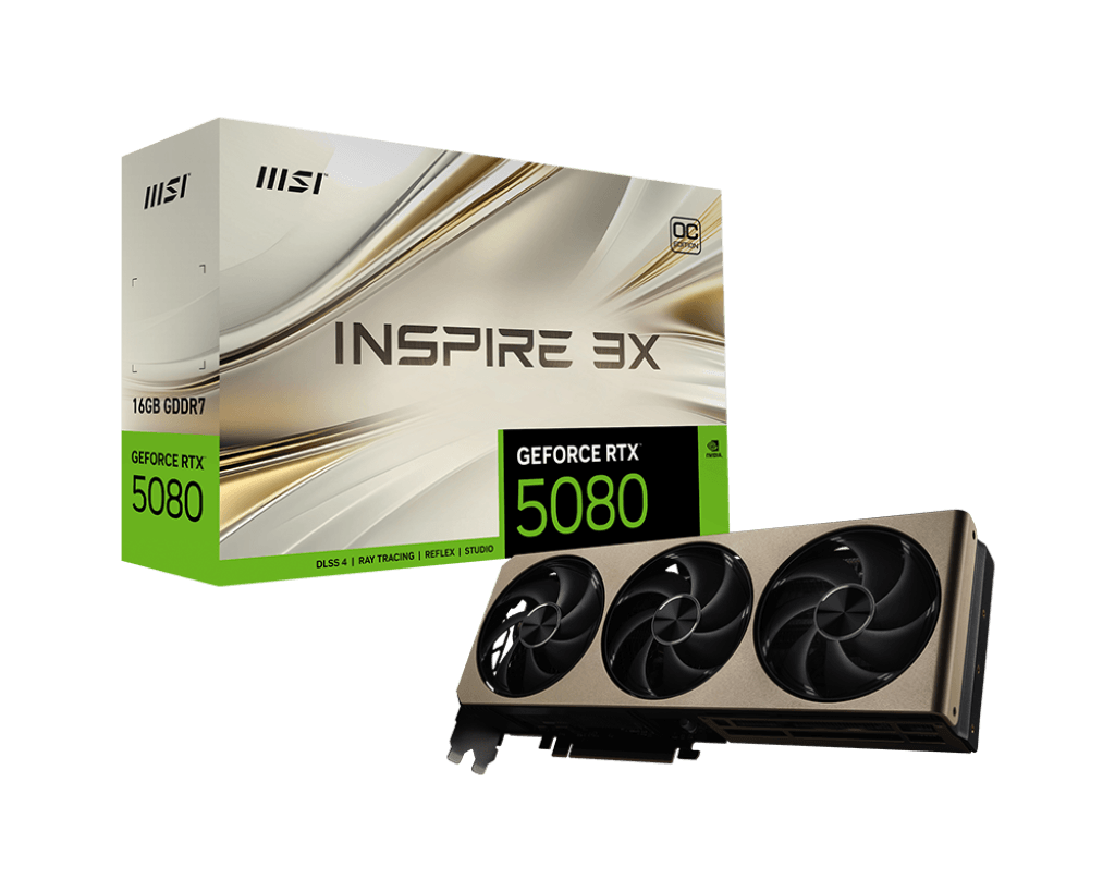 MSI NVIDIA GeForce RTX 5080 16G INSPIRE 3X OC Graphics card, 16GB GDDR7, 30 Gbps, 256-bit, 10752 CUDA Cores Units, Blackwell Architecture | 912-V531-203 image