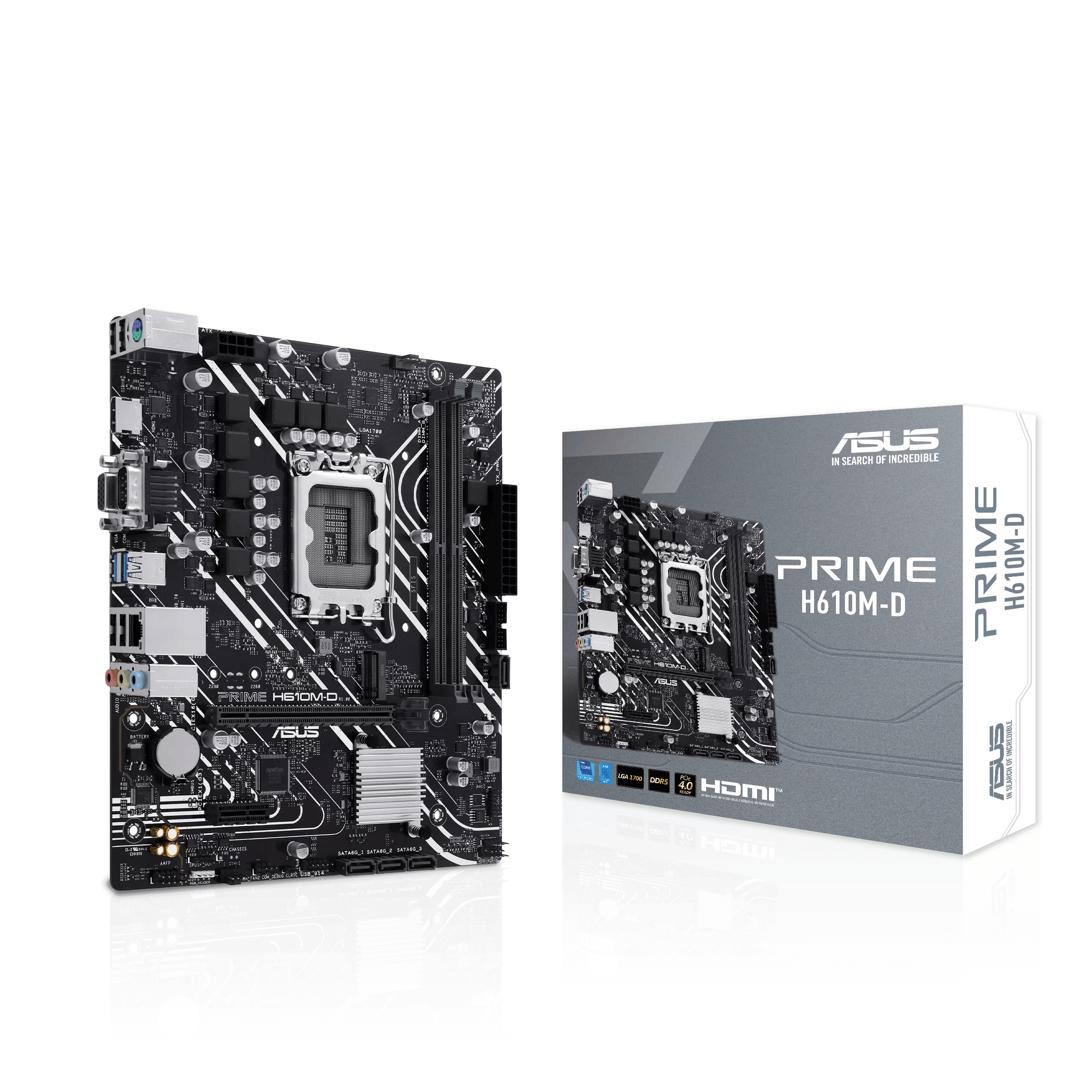 ASUS PRIME H610M-D Intel (LGA 1700) micro-ATX Motherboard, DDR5, PCIe 4.0, M.2 slot, Realtek 1 Gb Ethernet, HDMI, VGA, USB 3.2 Gen 1, SATA 6 Gbps, COM port, RGB header | 90MB1G80-M0EAY0 image