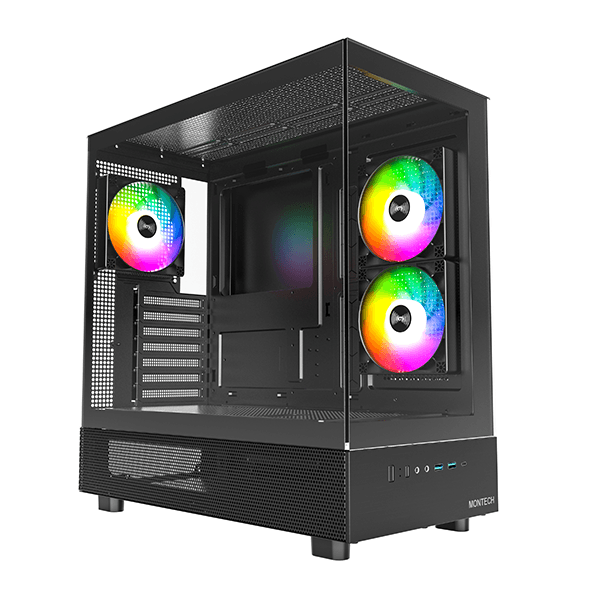 Montech MONTECH XR, ATX Mid-Tower PC Gaming Case, 3 x 120mm ARGB PWM Fans Pre-Installed, Full-View Dual Tempered Glass Panel, Wood-Grain Design I/O Interface, Support 4090 GPUs, 360mm Radiator Support, Black-MONTEC CASE - product view 1 of 8
