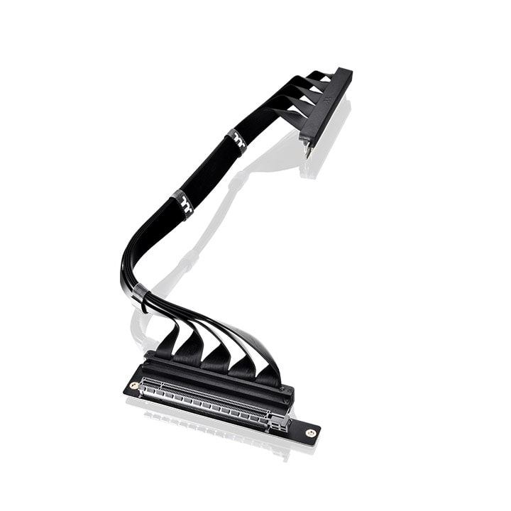 Thermaltake PCI-E 4.0 Dual 90 Degree Riser Cable 400mm: EMI Shielding Cover, PCI-E 4.0 X16 Speed, Supports PCI-E 3.0, 2.0 and 1.0 Applications, Special Dual-90 Degree Connecters - Black AC-077-CO1OTN-C1 image