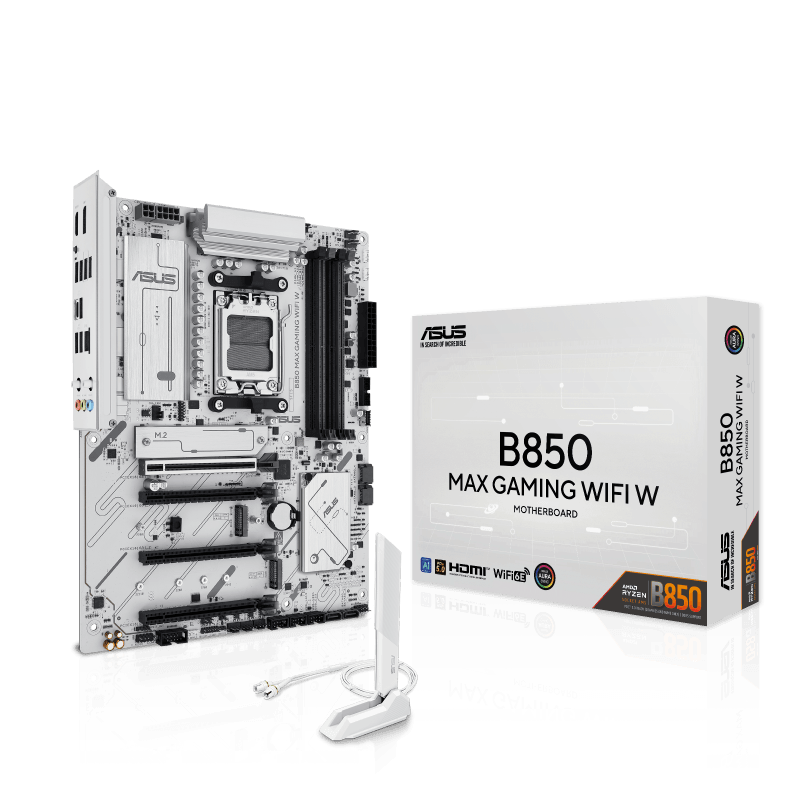 ASUS B850 MAX GAMING WIFI W ATX Motherboard,  4 x DIMM slots, max. 256GB, DDR5 up to 8000+MT/s, 3 x M.2 slots and 4 x SATA 6Gb/s ports, WiFi 6E, PCIe 5.0 slots, Pre-mounted I/O shield, 2.5Gb Ethernet, White | 90MB1M10-M0EAY0 image