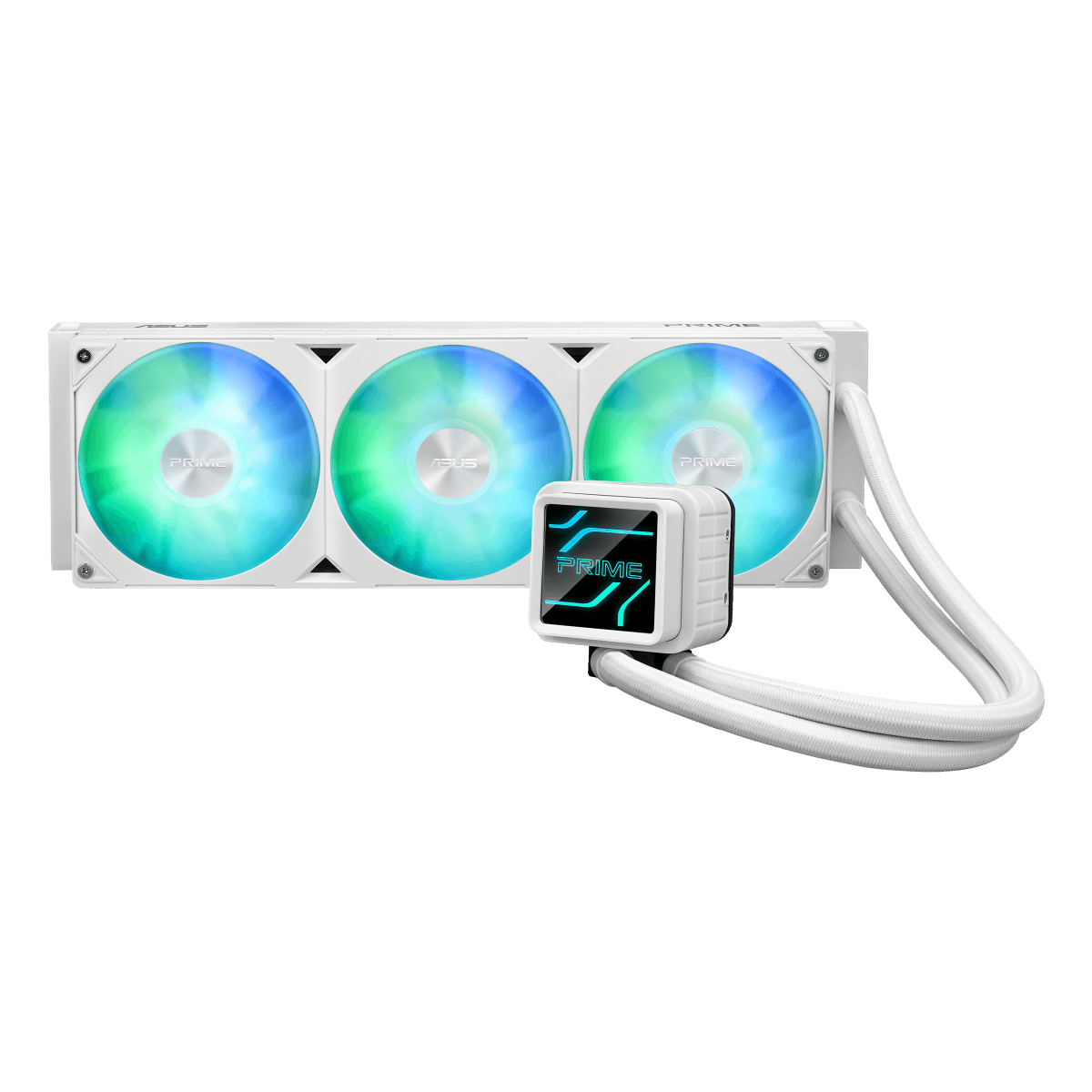 ASUS Prime LC ARGB LCD all-in-one CPU Liquid Cooler, with sharp screen showcasing CPU & GPU information, High-performance Asetek pump, Daisy-chainable fans, upto 3600 RPM, White | 90RC0102-B0EAY0 image