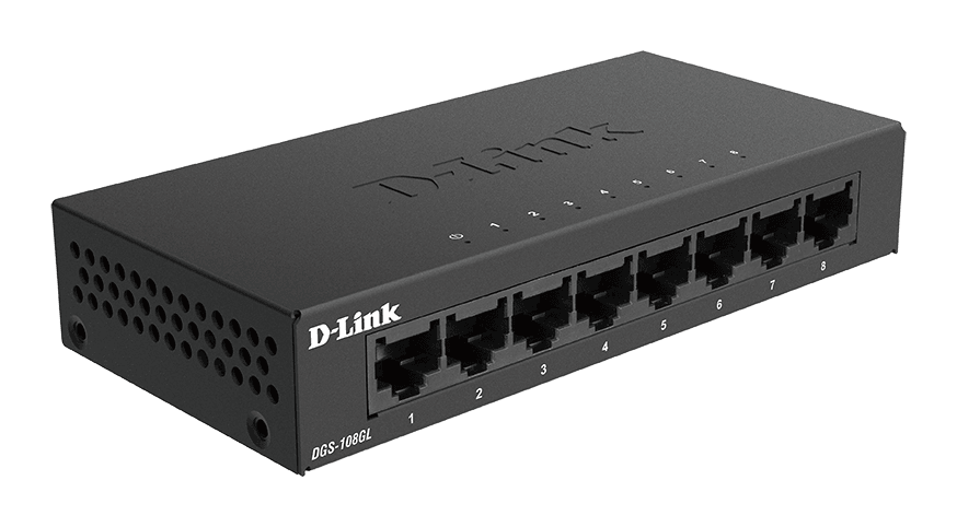 D-Link DGS-108GL 8-Port Gigabit Unmanaged Desktop Switch, Metal Casing, Energy Efficient, Fanless, Supports 16 Gbps, 4.31 Watts Power, 16 Gbps Switching Fabric, Black | DGS-108GL image