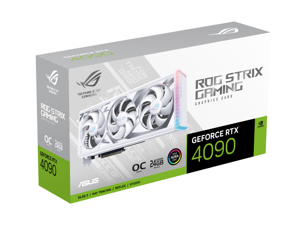 Asus ASUS ROG STRIX GAMING RTX 4090 OC Graphics Card, 24GB GDDR6X 384-bit Memory, 16384 CUDA Cores, 2610 MHz Engine Clock, 21Gbps Memory Speed, PCI E 4.0, 2x HDMI, 3x DP, HDCP, White | 90YV0ID2-M0NA00  4090 WHITE  - product view 1 of 5