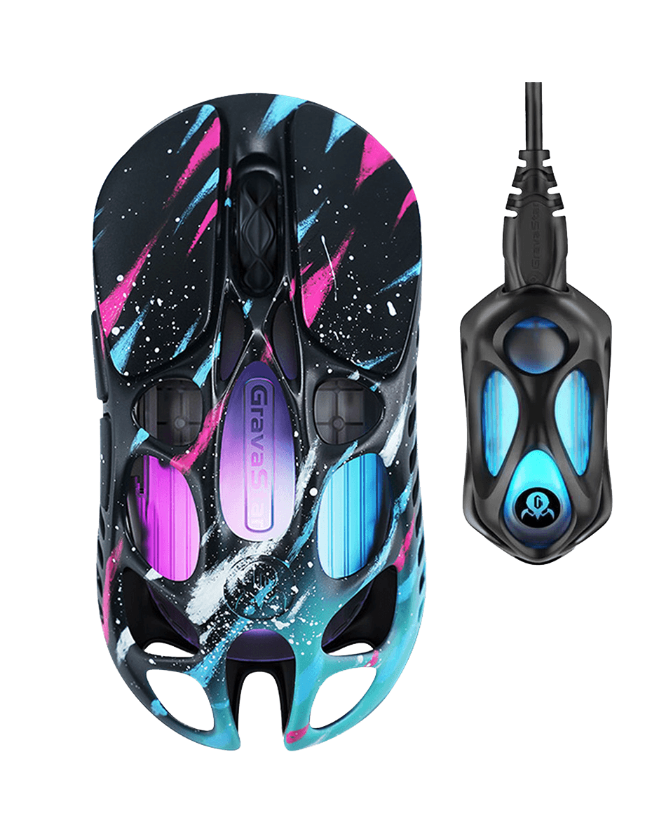 Gravastar Mercury X Pro Special Edition Neon Graffiti Magnesium Alloy Wireless Gaming Mouse, PAW 3950 (32,000 DPI), 1,000 Hz/8,000 Hz, Tri-mode (Wired/Bluetooth 5.1/2.4GHz Wireless) Connectivity image