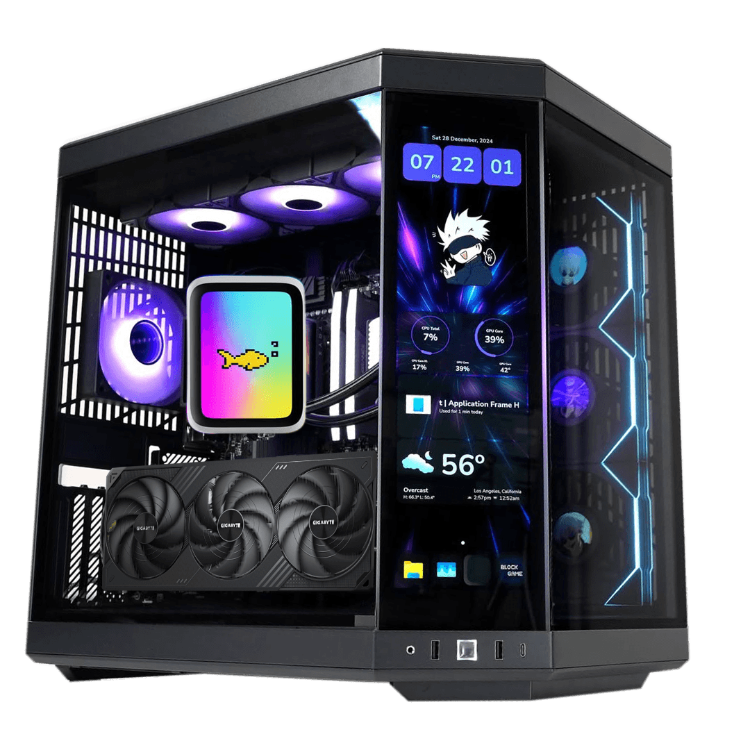 AMD X Gigabyte 5090 Gaming PC, AMD RYZEN 7 9800X3D, 5090 WINDFORCE OC Edition 32GB, 96GB  (2x 48GB) 6400MTs, 2TB NVMe, 1200W,  5??? Ultraslim IPS Display Cooler image
