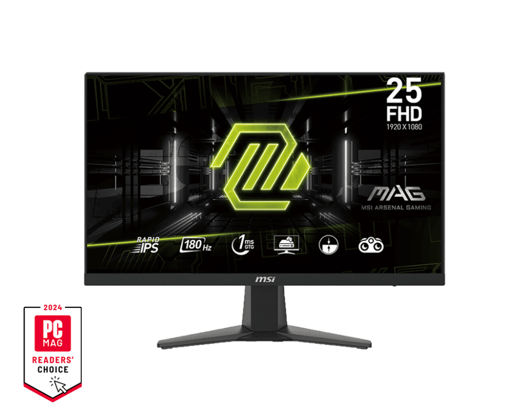 MSI MSI MAG 256F 24.5" Gaming Monitor, 1920 x 1080 (FHD), Rapid IPS, 1ms (GtG), 180Hz, Adaptive-Sync, 1 x DisplayPort (1.2a) 2 x HDMI??? (2.0), Black | 9S6-3BC11H-006 - product view 1 of 5
