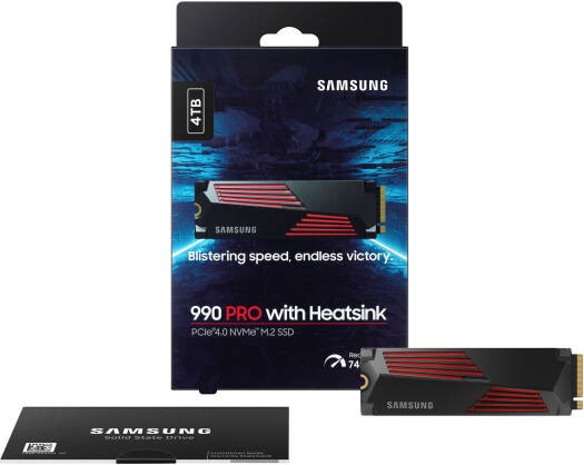 SAMSUNG Samsung 990 Pro with Heatsink 4TB NVMe 2.0 M.2 2280 Internal SSD, 7450 MB/s Sequential Read Speed, 6900 MB/s Sequential Write Speed, 3.3 Voltage, V-NAND 3-bit MLC, Black | MZ-V9P4T0CW - product view 1 of 6