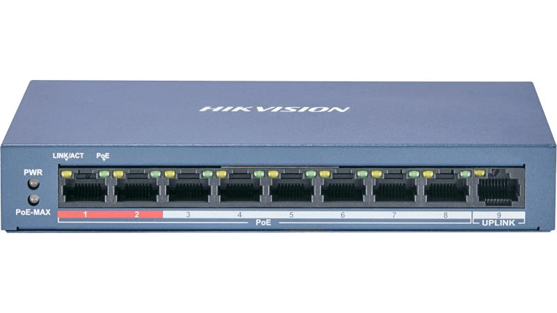 HIKVISION Hikvision DS-3E0109P-E/M(B) 8 Port Fast Ethernet Unmanaged PoE Switch,  8 x 10/100 Mbps PoE port,1 ?? 10/100 Mbps RJ45 port, Up to 300 m, 4/8-Core Adaptive Power Supply, 6 kV Surge Protection  hikvision 8 port poe switch - product view 1 of 1