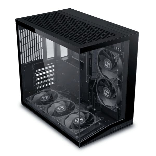 Lian Li O11D mini V2 Flow Black Computer Case, 5x Pre-Installed Reverse Blade Fans, Supports ATX, M-ATX, Mini-ITX, and ATX Back-Connect motherboards, Adjustable Vertical GPU Bracket, Supports up to 360mm top radiator, Supports 9 x 120mm fans | O11DMIV2FX image