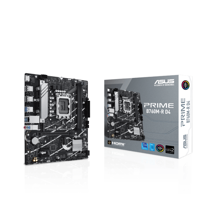 Asus ASUS PRIME B760M-R DDR4 Intel B760 LGA 1700 micro-ATX Motherboard, PCIe 4.0, two PCIe 4.0 M.2 slots, DDR4, Realtek 2.5Gb Ethernet, HDMI, SATA 6 Gbps, front USB 5Gbps ports, Aura Sync | 90MB1HA0-M0EAY0 - product view 1 of 8