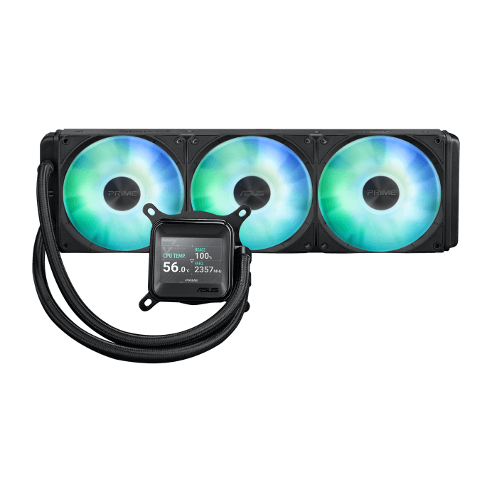 ASUS Prime LC ARGB LCD all-in-one CPU Liquid Cooler, with sharp screen showcasing CPU & GPU information, High-performance Asetek pump, Daisy-chainable fans, upto 3600 RPM, Black | 90RC00Z1-B0EAY0 image