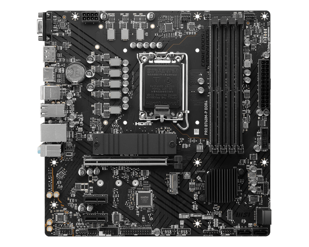 MSI MSI PRO B760M-P DDR4 Intel LGA 1700 mATX Motherboard, INTEL B760 Chipset, 4x DDR4, 1x HDMI???, 1x DisplayPort, 1x VGA, 2x M.2, 4x SATA 6G, Realtek?? ALC897 Codec, Realtek?? RTL8111H Gigabit LAN, 4x EZ Debug LED | 911-7E02-006 - product view 1 of 5