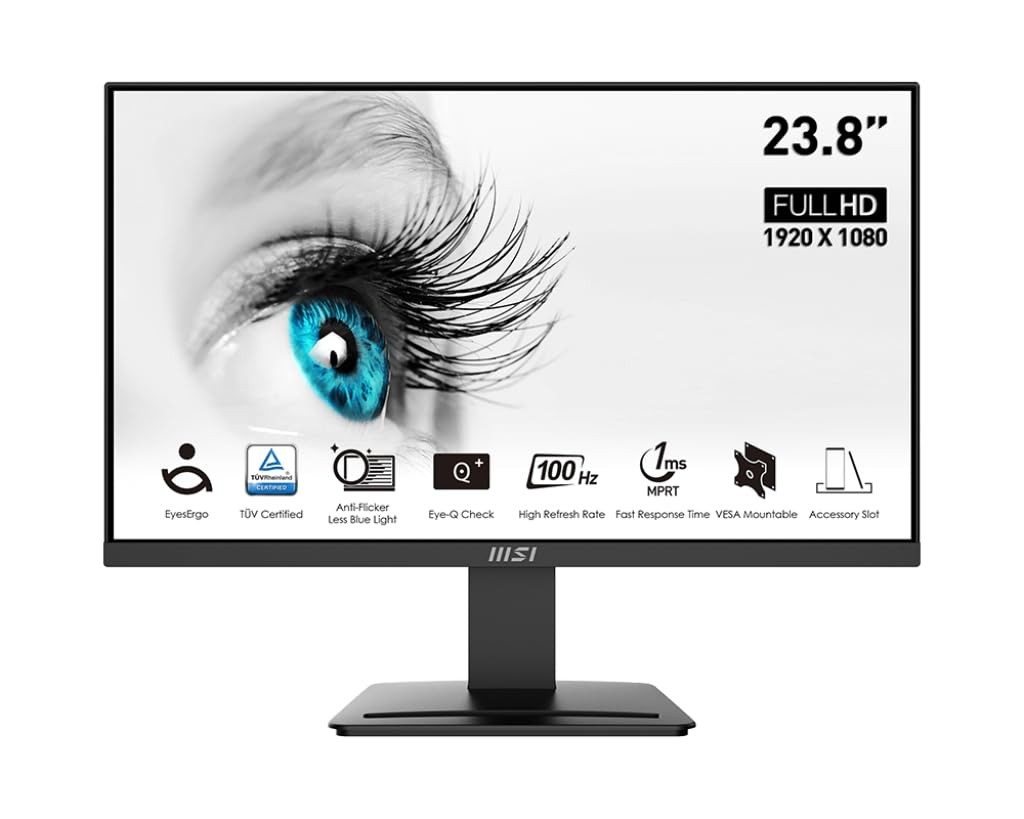 MSI MSI Pro MP2412 Business & Productivity Monitor, 23.8" FHD VA Display, 100Hz Refresh Rate,  9S6-3BA9CH-049 1ms (MPRT) Response Time, EyesErgo Technology, HDMI & DP Port, 4000 1 Contrast Ratio | 9S6-3BA9CH-049 - product view 1 of 4