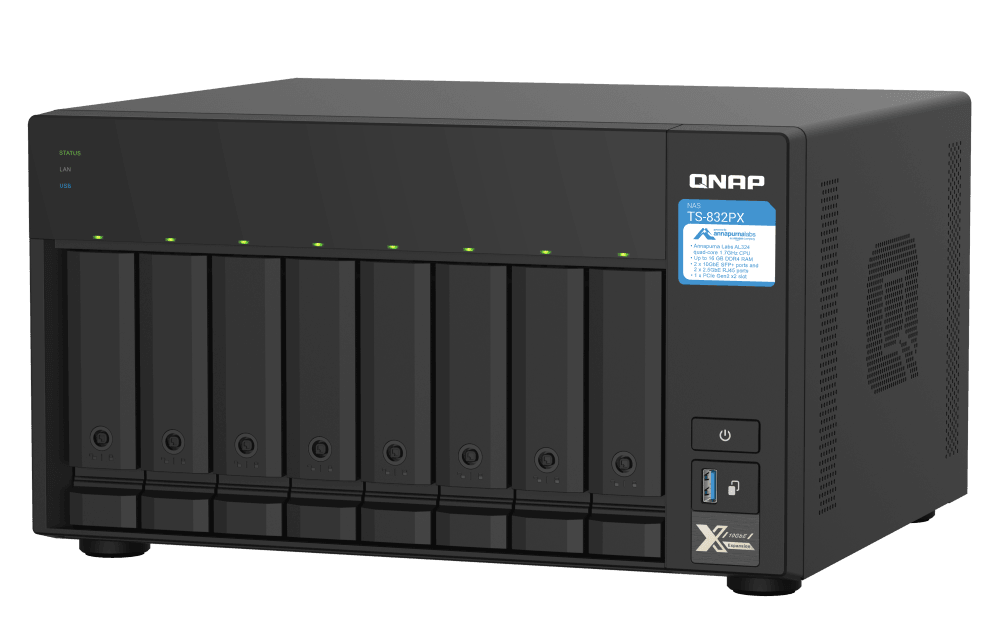 QNAP 8-Bay NAS, AL324 64-bit Quad-core 1.7GHz, 4GB DDR4 SODIMM RAM (1 x 4GB, Max 16GB), 8 x 3.5"/ 2.5" Drive Slots, 2 x 10GbE SFP+ LAN, 2 x 2.5GbE LAN, 3 x USB 3.2 Gen1 | TS-832PX-4G | TS-832PX-4G image