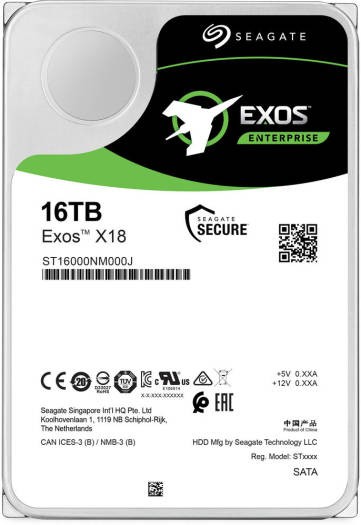 Seagate Seagate Exos X18 16TB 512e SATA III 3.5" Internal HDD, 6 Gb/s Interface, 512e Sector Size, 7200 rpm Speed, 256MB Cache, Data Transfer Speeds up to 261 MB/s, 2,500000 Hours MTBF | ST16000NM000J - product view 1 of 6