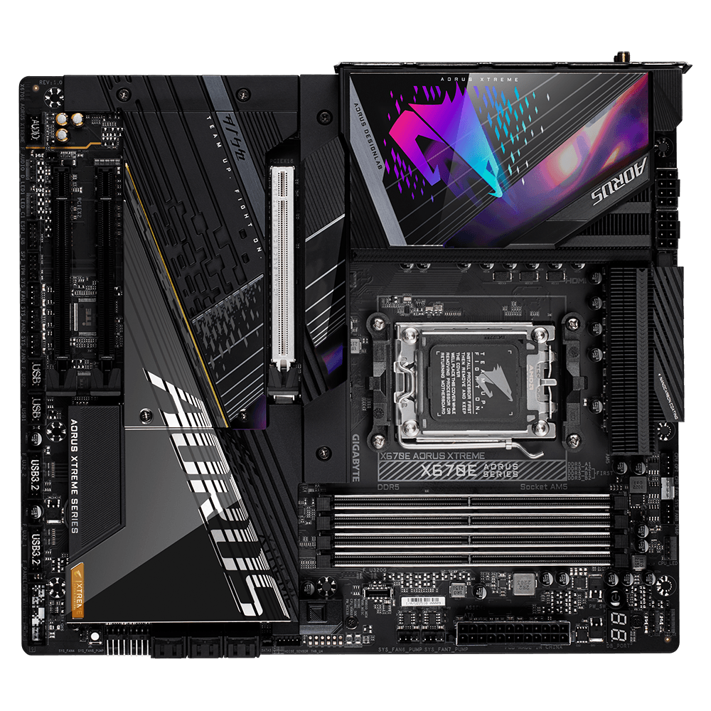Gigabyte Gigabyte X670E AORUS XTREME (rev. 1.x) AMD X670 Chipset E-ATX Motherboard, DDR5, AM5, 4xSMD DIMMs, 4xPCIe 5.0 x4 M.2, 10GbE LAN & Wi-Fi 6E 802.11ax, DP, HDMI, USB-C 10Gbps, Dual USB-C 20Gbps, Q-Flash Plus  | X670E AORUS XTREME  DDR5 - product view 1 of 6