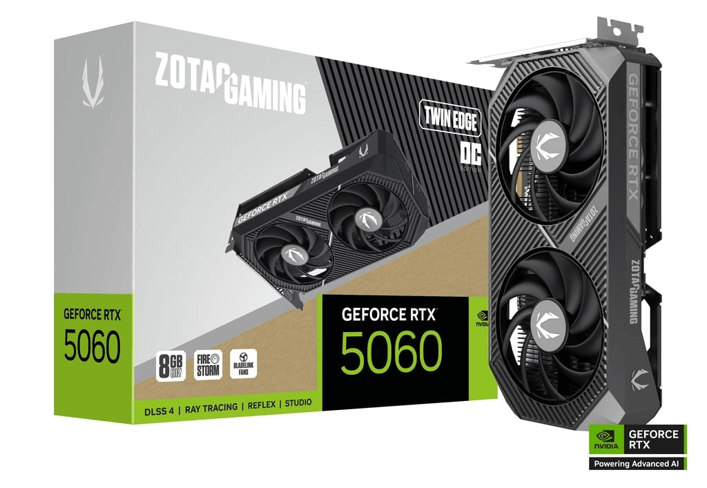 ZOTAC GAMING GeForce RTX 5060 Twin Edge OC 8GB GDDR7 Graphics Card, 128-bit 28 Gbps, 3840 CUDA cores, SFF-Ready, NVIDIA Blackwell architecture and DLSS 4  | ZT-B50600H-10M image