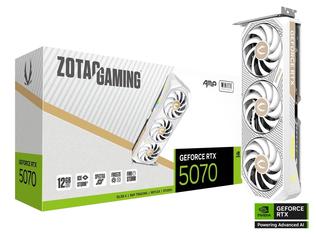 ZOTAC GAMING NVIDIA GeForce RTX 5070 AMP White Edition Graphics Card, 12GB GDDR7, 192-bit 28 Gbps, 6144 CUDA cores, 2587 MHz Engine Clock, SFF-Ready, SPECTRA RGB Lighting, Quad Display Capability, SFF-Ready | ZT-B50700FQ-10P image