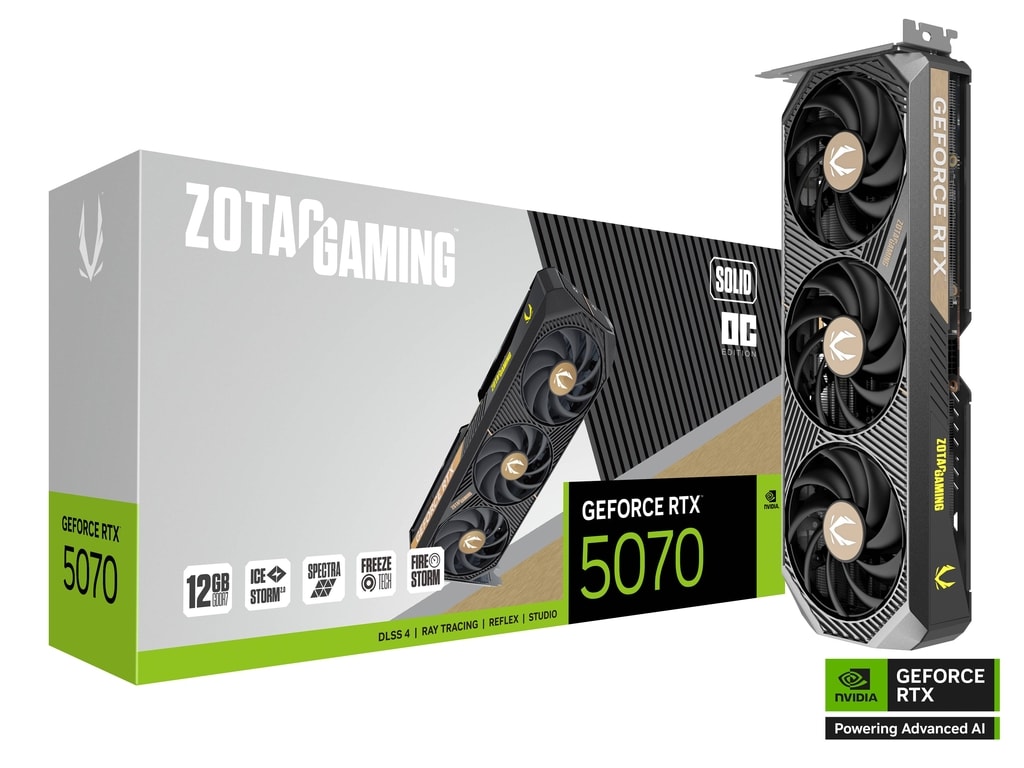 ZOTAC GAMING NVIDIA GeForce RTX 5070 SOLID OC Graphic card, 12GB GDDR7, 28 Gbps, 192-bit, 6144 CUD Cores, Max Boost 2542 MHz SPECTRA RGB Lighting | ZT-B50700J-10P image