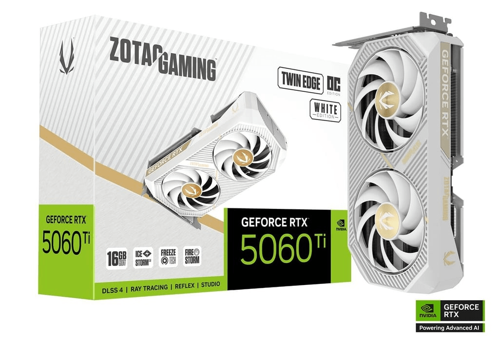 ZOTAC NVIDIA GAMING GeForce RTX 5060 Ti 16GB Twin Edge OC White Edition Graphics Card, 16GB GDDR7, 128-bit 28 Gbps, 4608 CUDA cores, SFF-Ready, Blackwell Architecture, DLSS4 | ZT-B50620Q-10M image