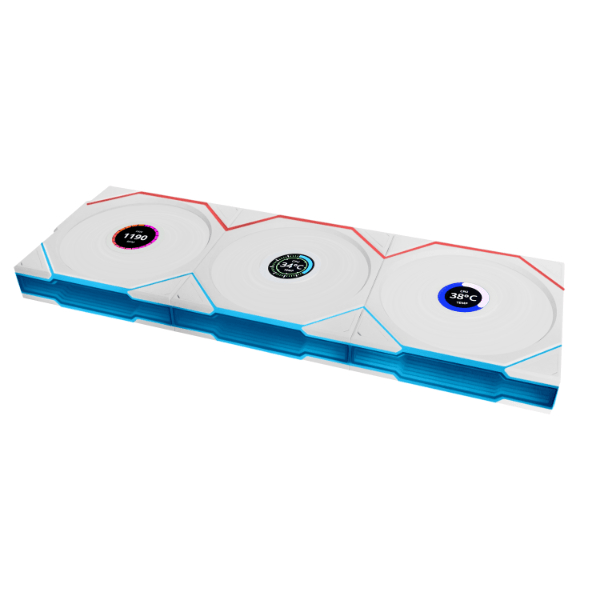 Lian Li UNI FAN TL120 LCD Wireless 3 Pack White Case Fan, 120x124x28mm, 1.6??? LCD SCREEN, Incl Controller, 120x124x28mm, 0,350~1900 RPM, 2.9 mm H2O MAX. Air Pressure, 62 CFM MAX. Air Flow Fluid Dynamic Bearing (FDB) | 12TLLCD1W3W image