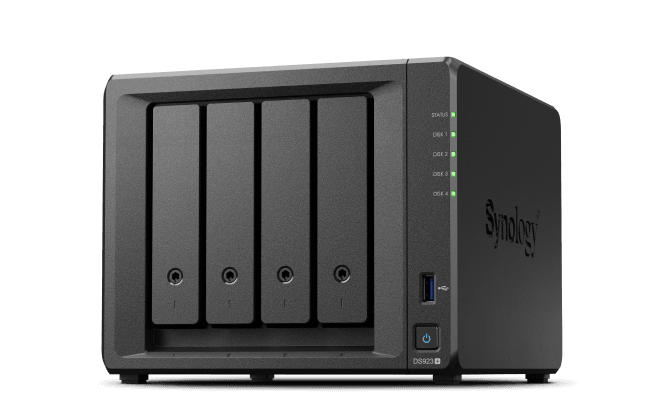 Synology  DS923+, Tower, 4-Bays 3.5 SATA HDD/SSD, 2 x M.2 2280 NVMe SSD slot,  AMD R1600 2-core 2.6 (base) 4 GB DR4 ECC   4711174724451  846504004454 image