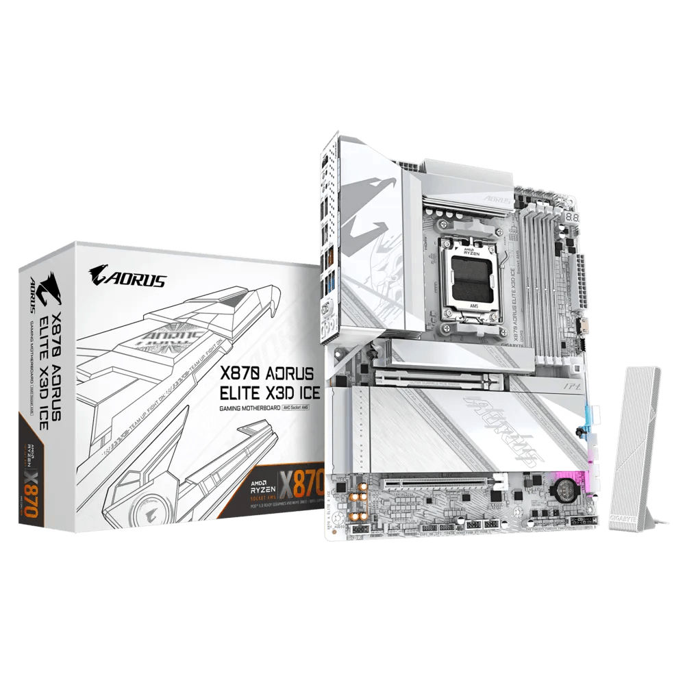 GIGABYTE X870 AORUS ELITE X3D ICE AM5 ATX Motherboard, AMD X870 Chipset, 4x DDR5 DIMM Slot, 256GB Max Memory, 4x M.2 Slots, 1x PCIe 5.0 x16, White | 9MX87ETXE-00-G10 image