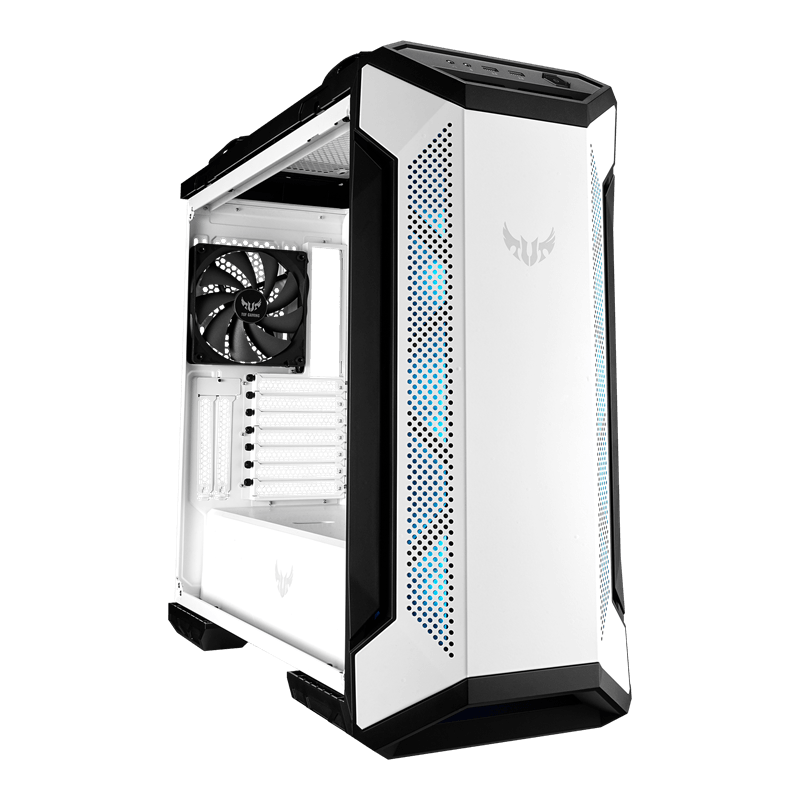 ASUS TUF Gaming GT501 White Edition case supports up to EATX with metal front panel, tempered-glass side panel, 120 mm RGB fan, 140 mm PWM fan, radiator space reserved, and USB 3.1 Gen 1, image