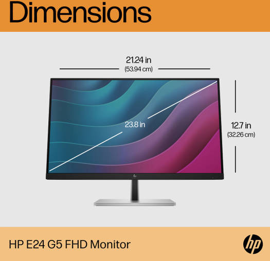 HP E24 G5 Monitor, 23.8" FHD IPS Display, 75Hz Refresh Rate, 5ms (GtG with Overdrive) Response Time, 3-Sided Borderless Bezel, VESA Mounting, 4x USB3.2, USB-B, HDMI & DP, Black | 6N6E9AA image
