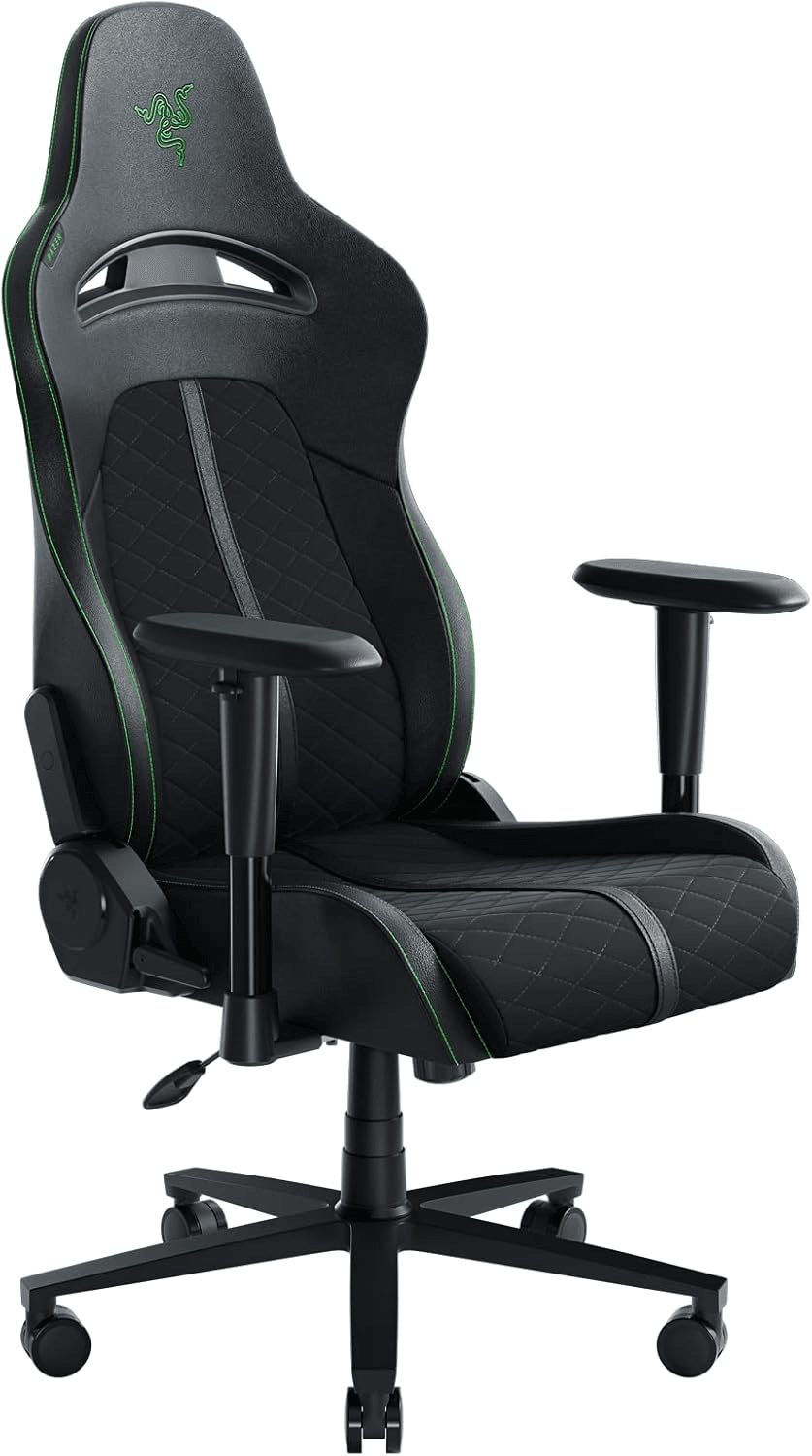 Razer Enki X Essential Leather Gaming Chair, 2D Armrests, Built-In Lumbar Arch, Optimized Cushion Density, Adjustable 152° Recline, 60mm PU Coated Casters, Black & Green | RZ38-03880100-R3G1RZ38-03880100-R3G1 image