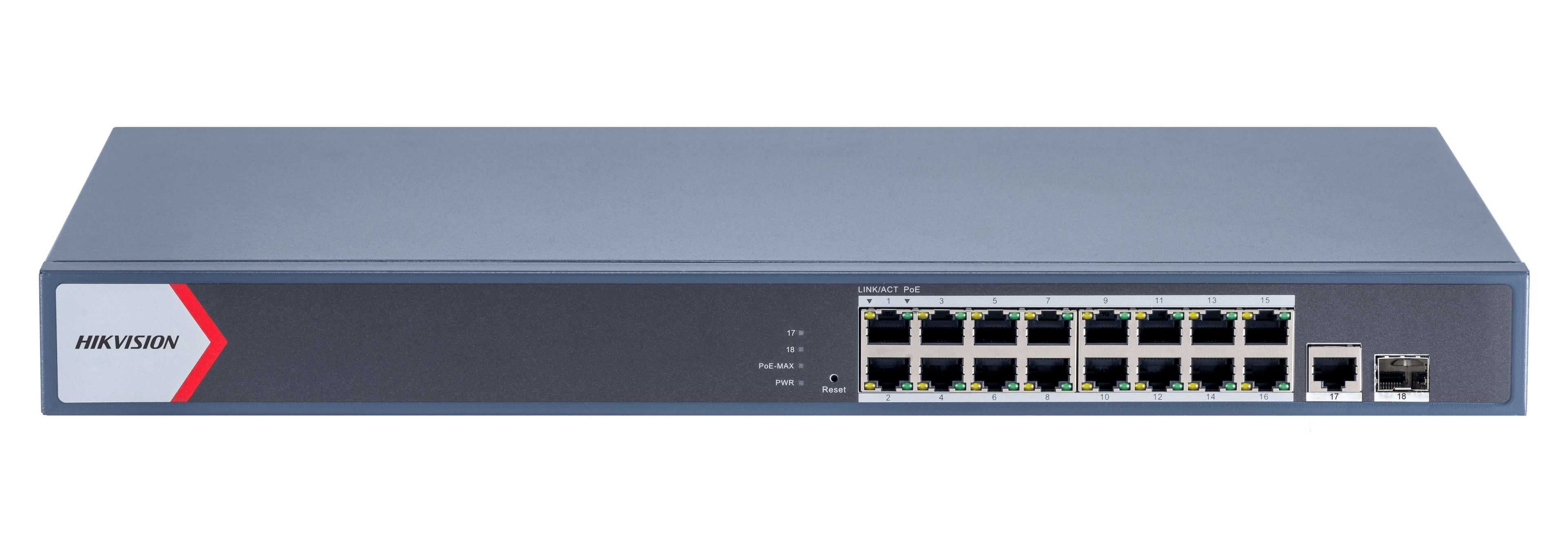 Hikvision DS-3E1518P-EI 16 Port Gigabit Smart POE Switch, 16x gigabit PoE RJ45 ports, 1x gigabit RJ45 port, 1x gigabit fiber optical port image