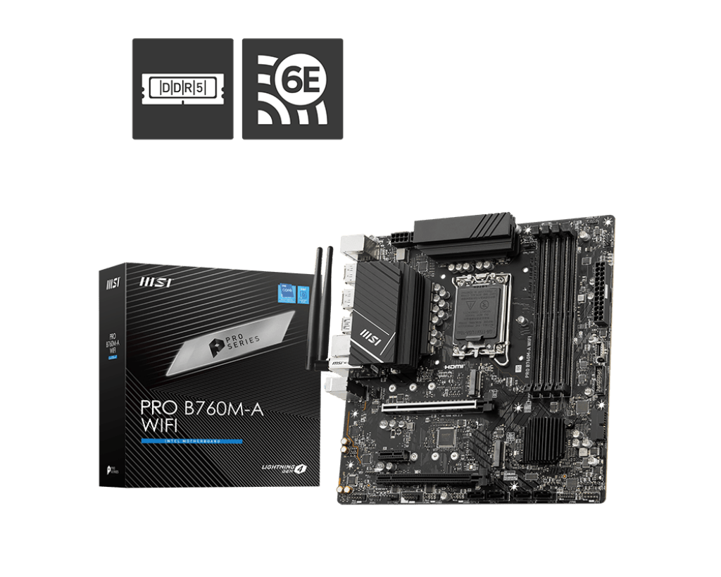 MSI PRO B760M-A WIFI DDR5 LGA 1700 mATX Motherboard, 4x DDR5 6800+MHz (OC). 2.5G Network, Wi-Fi 6E, BT | 911-7D99-007 image