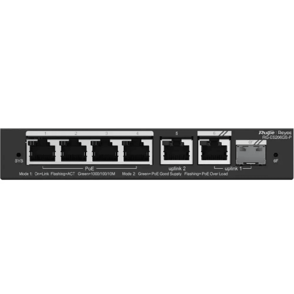 Ruijie RG-ES206GS-P, 6-Port Gigabit Smart Cloud Managed PoE+ Switch, 4 PoE+ Ports, 54W image