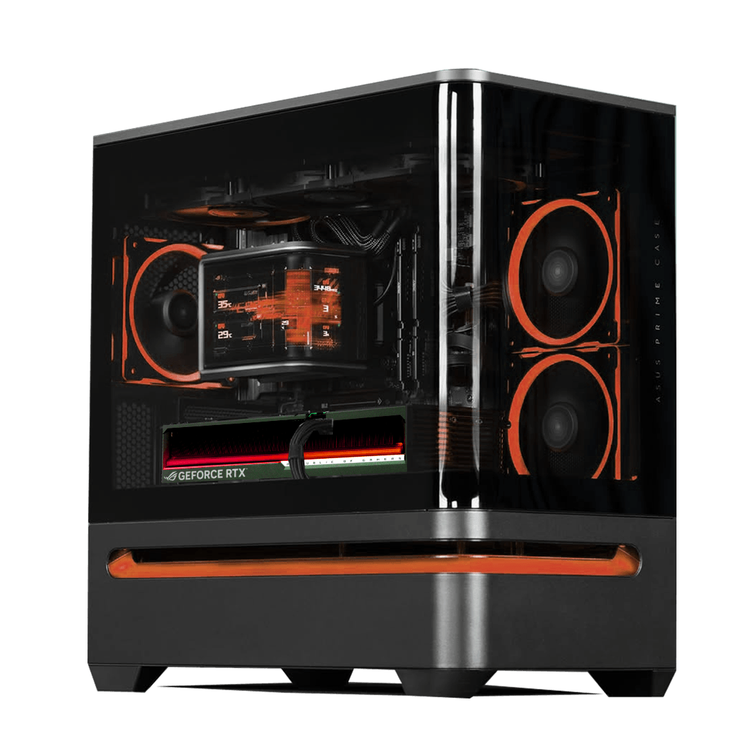 Elite Gaming & Content Creation PC Powered by ASUS: AMD Ryzen 9 9950X3D (16 Cores) + ASUS ROG ASTRAL RTX 5080 OC 16GB, 64GB DDR5, 2TB Gen5 (14,700MB/s), ROG Ryuo IV 2K Curved LCD AIO, 850W Platinum PSU, WiFi 6E image