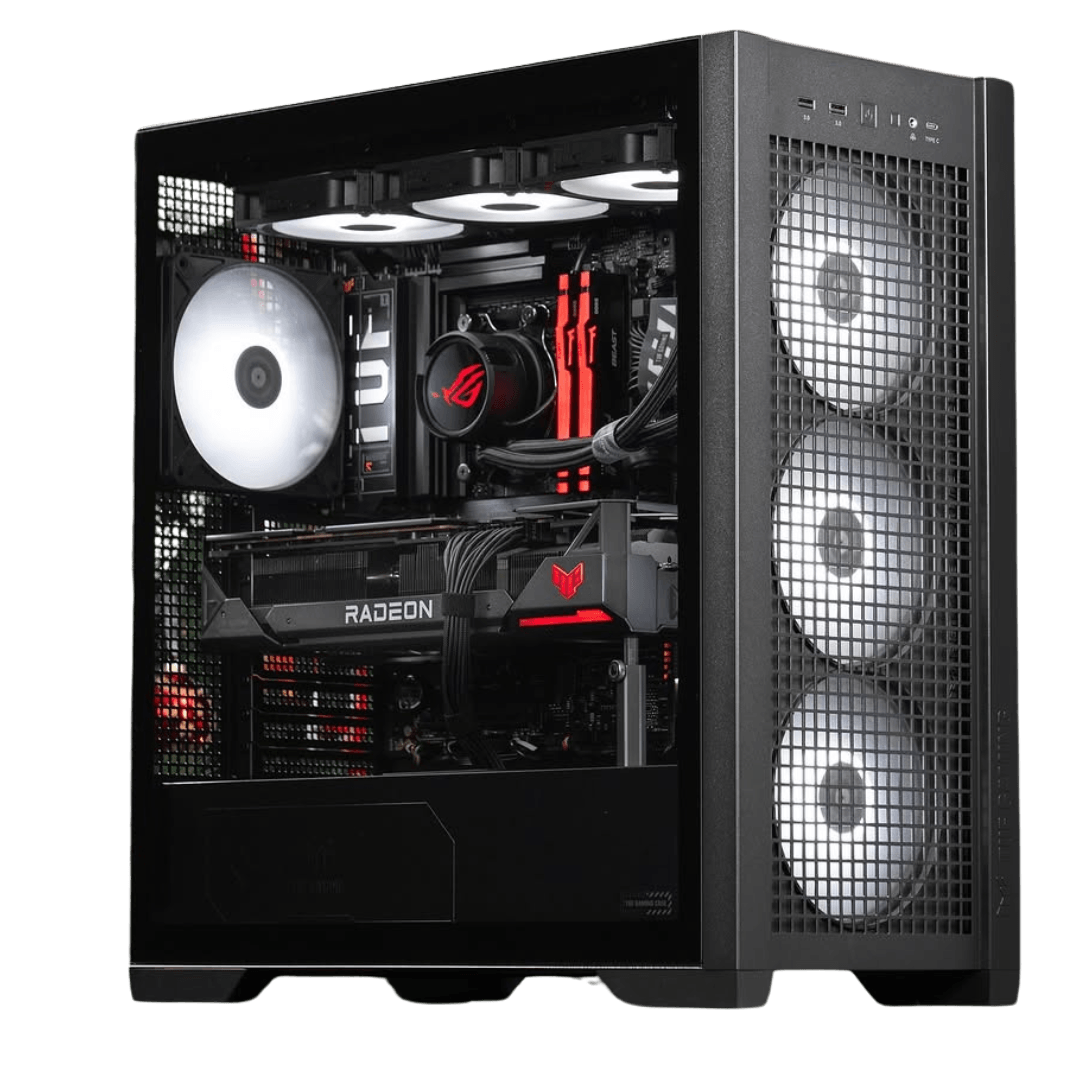 ASUS Powered AMD Gaming PC, AMD Ryzen 7 9800X3D, PULSE RX9070 AMD Radeon 16GB, 32GB (2x16) DDR5, 2TB NV3 NVME, AIO Cooler, 850W image