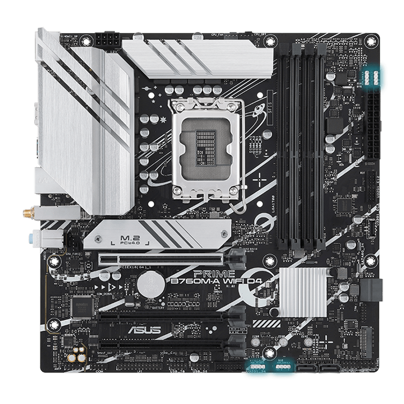 ASUS PRIME B760M-A WIFI D4 Motherboard, Intel B760 (LGA 1700) mATX motherboard, PCIe 4.0, 4 x DIMM, 2x M.2 slots, Realtek 2.5Gb Ethernet, Wi-Fi 6, DisplayPort, Dual HDMI, SATA 6 Gbps, USB 3.2 Gen 2, Type-C, Aura Sync | 90MB1CX0-M0EAY0 image