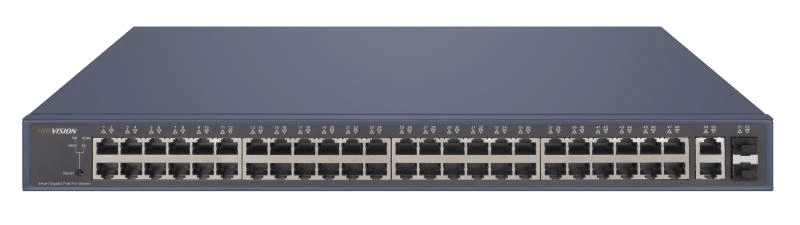 Hikvision DS-3E1552P-SI 48 Port Gigabit Smart POE Switch, IEEE 802.3af/at PoE standard, 48 x Gigabit PoE Ports, 2 ?? gigabit RJ45, 2 x fiber optical ports, 470W, 104 Gbps Switching Capacity, 16K MAC Address Entries, PoE Watchdog, STP/RSTP, VLAN, SNMP, QoS image