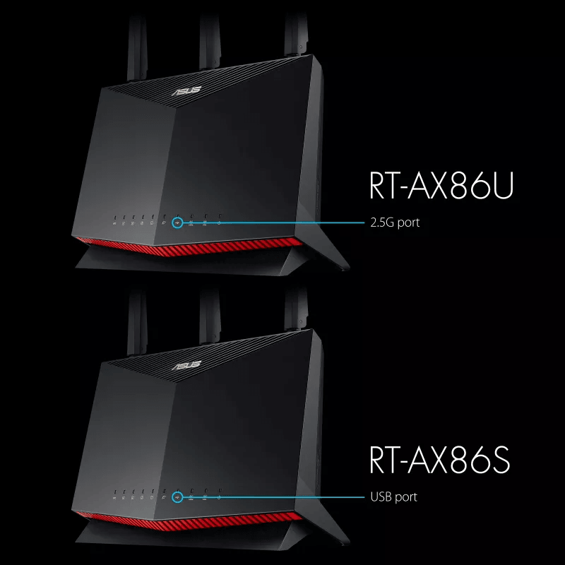 Asus RT-AX86U AX5700 Dual Band WiFi 6 Gaming Router, WiFi 6 802.11ax, 1.8 GHz Quad-Core, 1GB RAM, 2500 sq ft, NVIDIA GeForce, 2.5G Port, Gaming Port, Adaptive QoS - Black I 90IG05F1-MU2G10 image