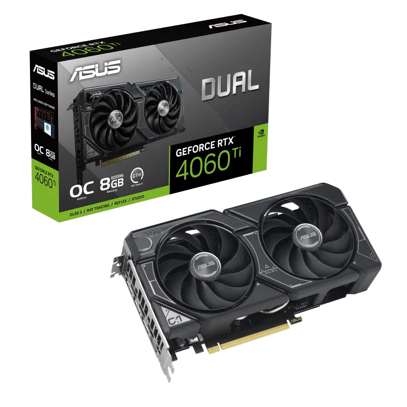 ASUS Dual GeForce RTX 4060 Ti OC Black Graphics Card, 8GB GDDR6 128-bit Memory, 2595 MHz Boost Clock, 18 Gbps Memory Speed, 4352 CUDA Cores, PCI E 4.0, HDMI, DisplayPort, 2 Year Warranty | 90YV0J49-M0NA00 image
