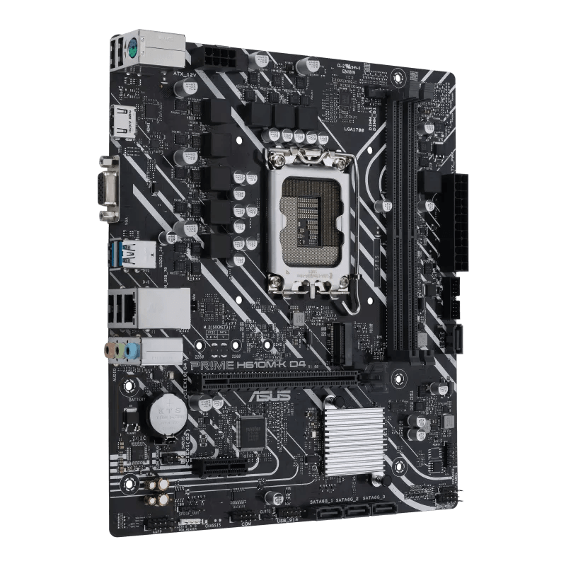 Asus Prime H610M-K D4 Mic ATX Motherboard, DDR4 Support, LGA 1700, PCIe 4.0, M.2 Slot, Realtek 1Gb Ethernet, HDMI, D-Sub, USB 3.2 Gen, SATA 6 Gbps, COM/RGB Header, 5X Protection III | 90MB1A10-M0EAY0 image