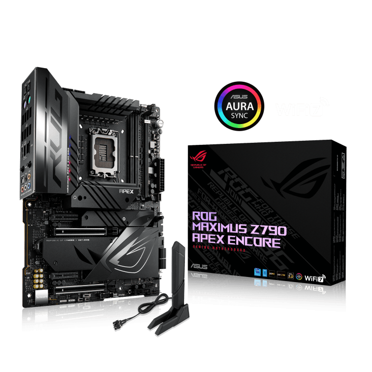 ASUS ROG MAXIMUS Z790 APEX ENCORE LGA1700 ATX Motherboard, Intel Z790 Chipset, 2x DDR5 DIMM & 96GB Max, Wi-Fi 7 / BT v5.4 / 2.5Gb Eth, PCIe 5.0, 5 x M.2, USB Type-C/A, SupremeFX 7.1 | 90MB1FX0-M0EAY0 image