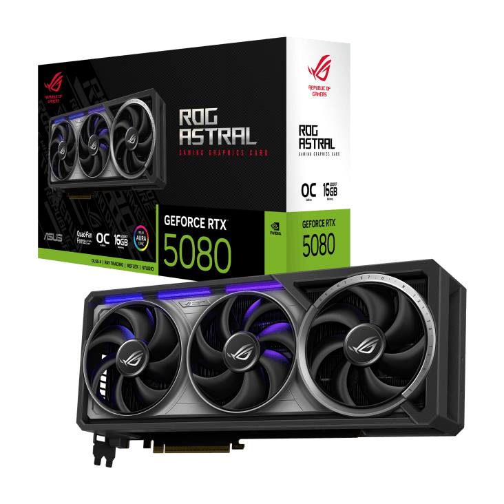 ASUS ROG Astral NVIDIA GeForce RTX 5080 16GB GDDR7 OC Edition Graphic card, DLSS4, 16GB GDDR7, 10752 CUDA Cores, 30 Gbps 256-bit, PCI E 5.0, Quad-fan, Black | 90YV0LV0-M0NA00 image