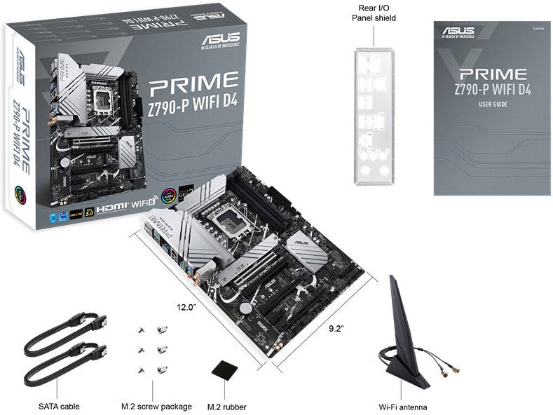 ASUS PRIME Z790-P WIFI D4 LGA1700 ATX Motherboard, Intel Z790 Chipset, 2 Channel 4x DDR4 DIMM, 128GB Max Memory, Wi-Fi 6/2.5Gb Eth, 1x PCIe 5.0 x16, 1x DP, 1xHDMI, USB3.2/2.0 | 90MB1DB0-M0EAY0 image
