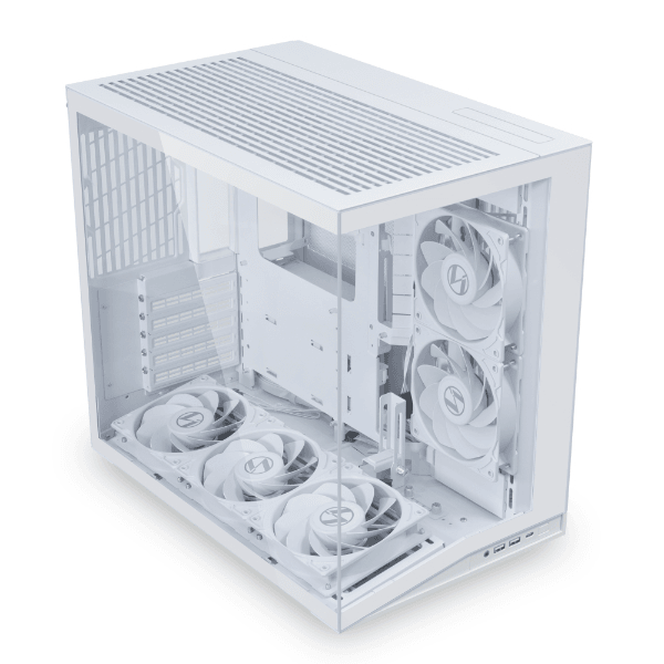 Lian Li O11D mini V2 Flow White Computer Case, 5x Pre-Installed Reverse Blade Fans, Supports ATX, M-ATX, Mini-ITX, and ATX Back-Connect motherboards, Adjustable Vertical GPU Bracket, Supports up to 360mm top radiator, Supports 9 x 120mm fans | O11DMIV2FW image