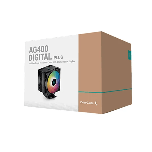 DeepCool AG400 DIGITAL PLUS Dual-Fan Single-Tower CPU Cooler With A Temperature Display, 120??120??25 mm , 500~2100 RPM+10% Speed, 06 mmx4 pcs Heatpipe, Hydro Bearing Type , Addressable RGB LED, Black |  AG400-BKADMP-G-1 image