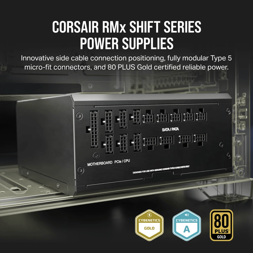 Corsair RM1200x Shift Fully Modular ATX Power Supply, 1200W Power, 80 Plus Gold, Modular Side Interface, ATX 3.0 & PCIe 5.0 Compliant, Zero RPM Fan Mode, 105??C-Rated Capacitors, Black | CP-9020254-UK image