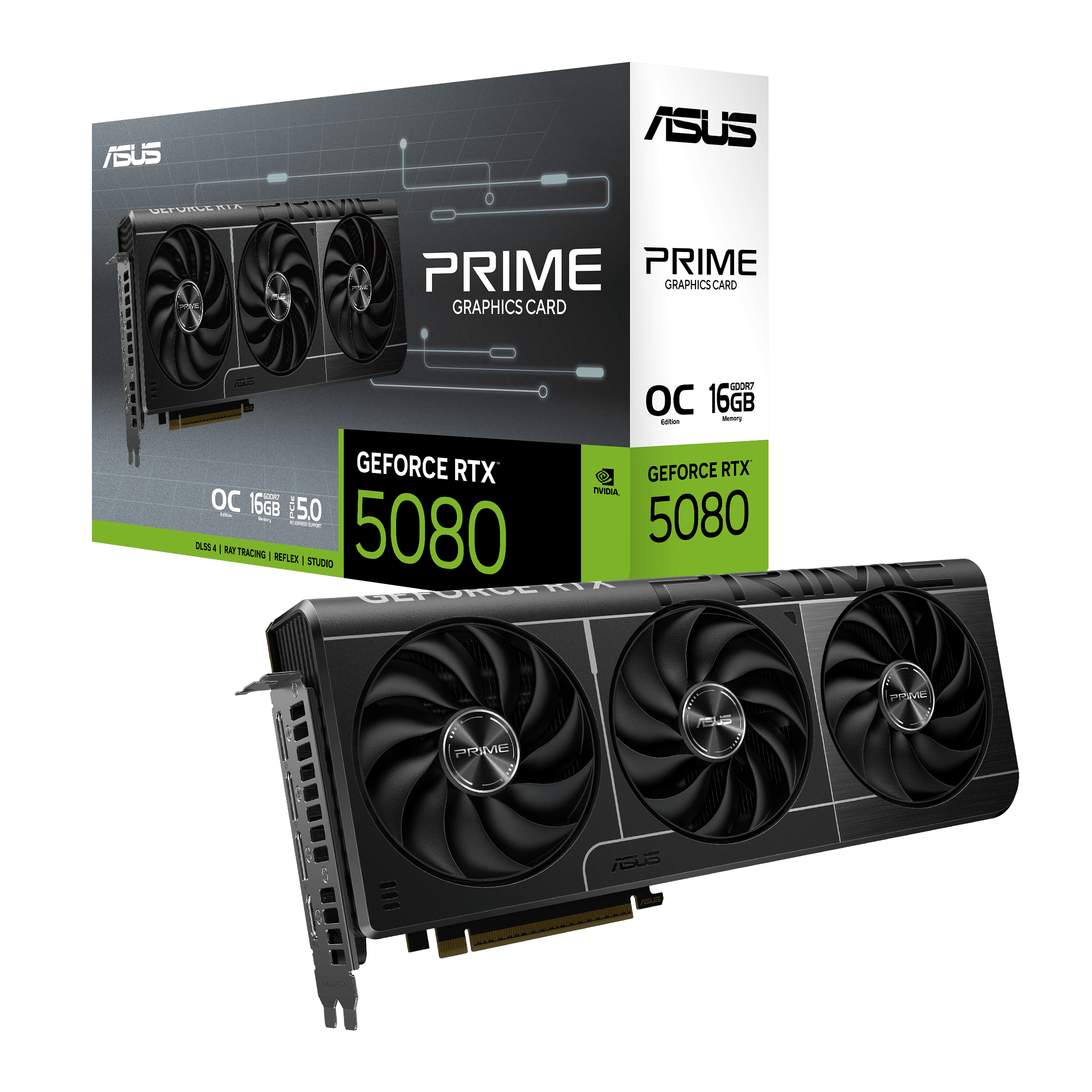 ASUS PRIME GeForce RTX 5080 16GB GDDR7 OC Edition Graphics card, 16GB GDDR7,  256-bit  30 Gbps, Extreme Clock 2685 MHz, 10752 CUDA Core, NVIDIA Blackwell Architecture and DLSS4 | 90YV0LX0-M0NA00 image
