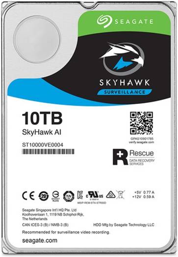 Seagate 10TB SkyHawk AI 7200 Rpm 3.5" Internal Surveillance HDD (Retail), SATA III 6 Gb/s Interface, 256MB Cache Memory, 245 MB/s Max Sustained Transfer Rate, 2 Million Hours MTBF | ST10000VE001 image