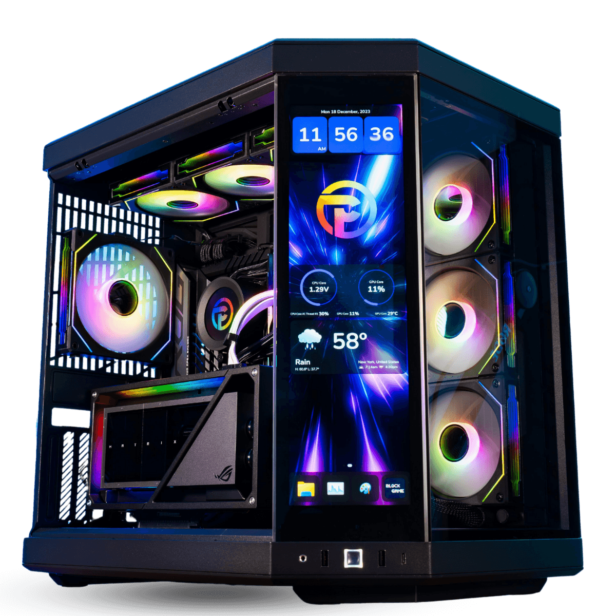 Hyte Y70 touch infinite Black Gaming PC, X870E, AMD 7800X3D, RTX 4090 Gaming OC 24GB, 64GB (2x32GB), 2TB NVMe, 1200W, AIO Cooler image